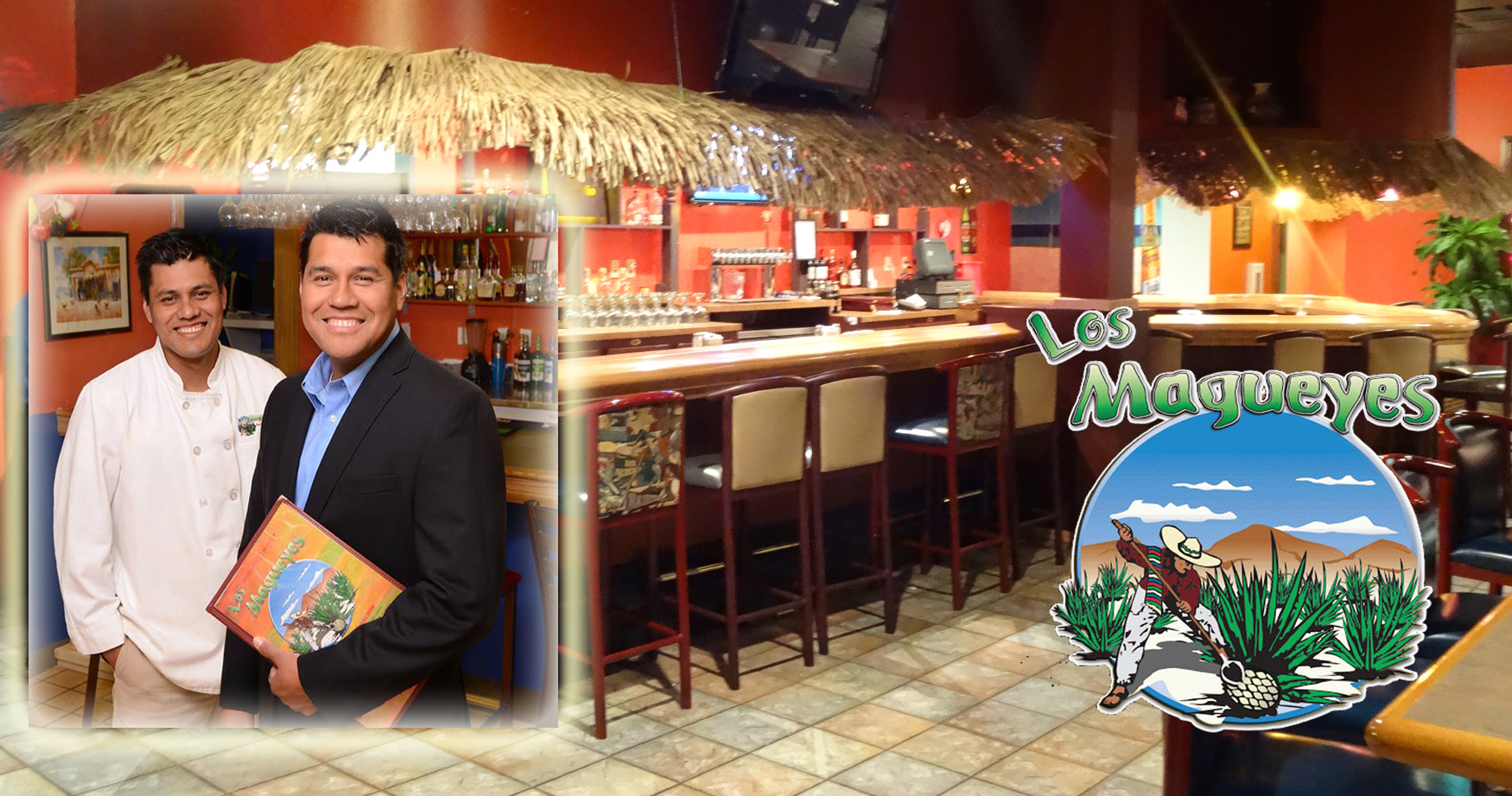 The bar under a thatched palapa roof, with an inset photograph of two men, one in chef's whites, holding a Los Magueyes menu.